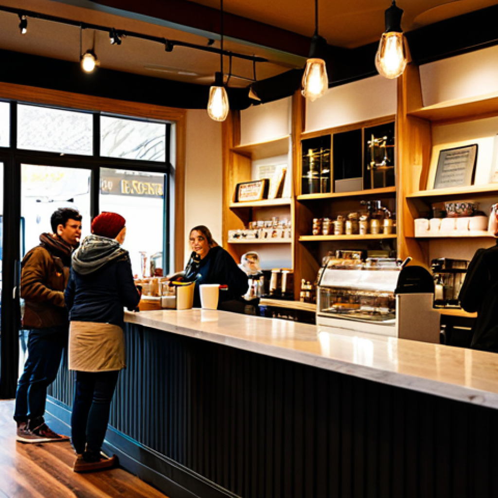 Community Coffee Shop**
"A bustling, family-friendly coffee shop interior, warm lighting, diverse group of fully clothed people enjoying coffee and conversation, baristas crafting drinks, bookshelves lining the walls, local art on display, safe for work, appropriate content, professional photography, perfect anatomy, natural proportions, modest attire, high quality."
**