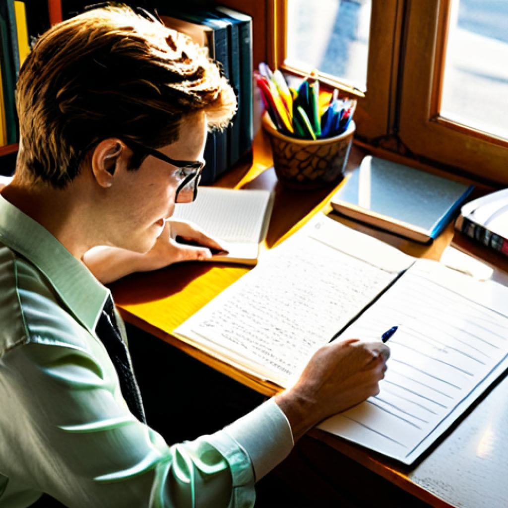 디지털 스토리텔링의 기초 원칙 - Authentic Character Creation**
"A writer at a bright, sunlit desk, thoughtfully considering a chara...