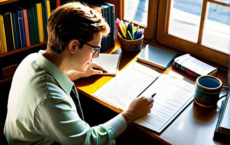 디지털 스토리텔링의 기초 원칙 - Authentic Character Creation**
"A writer at a bright, sunlit desk, thoughtfully considering a chara...
