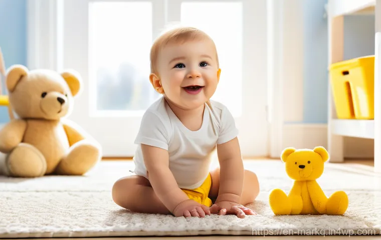 소셜 미디어 알고리즘 이해하기 - A joyful 3-year-old child, wearing a clean, bright yellow diaper and a plain white t-shirt, happily ...