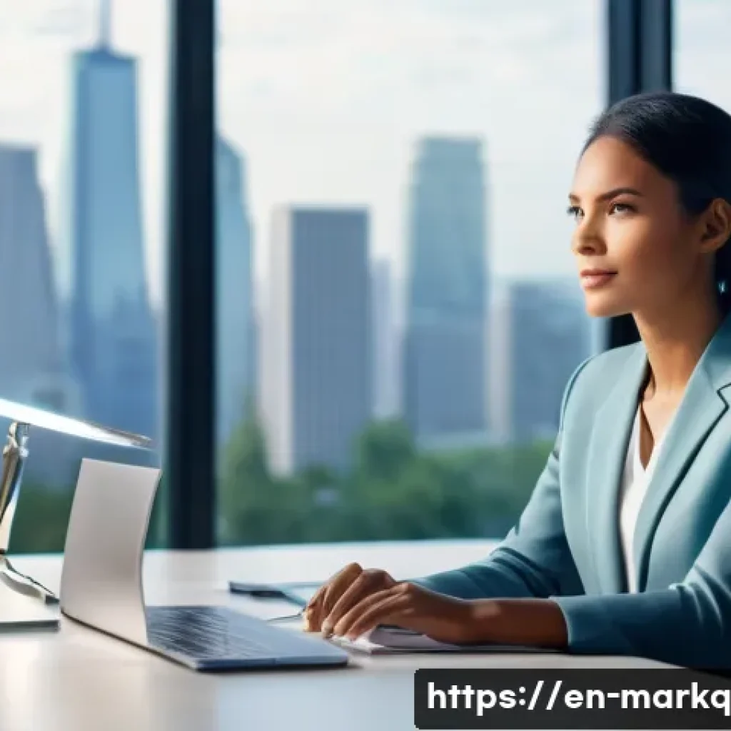 고객 가치 제안 작성법 - **Prompt:** A young professional woman, dressed in smart casual attire, sits at a sleek, modern desk...