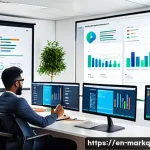 SEO 기본 용어와 개념 정리 - A modern digital marketing office scene showing a diverse team of professionals analyzing SEO data o...