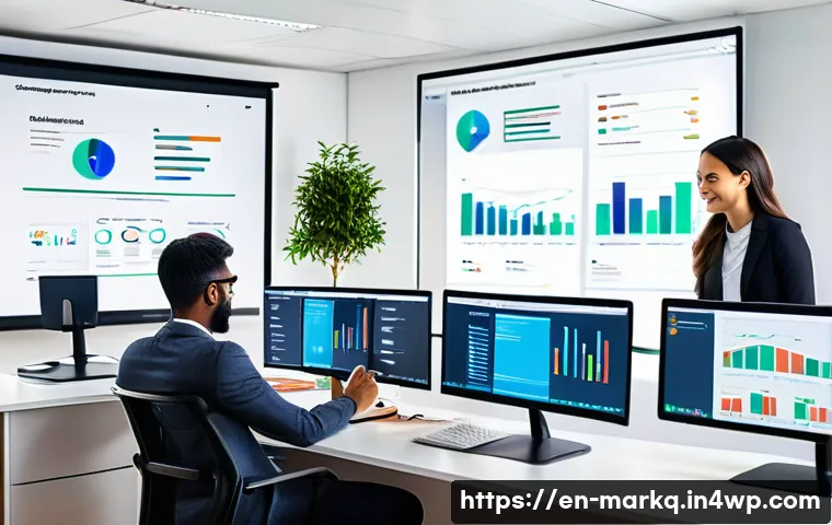 SEO 기본 용어와 개념 정리 - A modern digital marketing office scene showing a diverse team of professionals analyzing SEO data o...