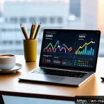 SEO 콘텐츠 작성법의 기초 - A modern digital marketing workspace featuring a sleek laptop displaying SEO analytics dashboards wi...