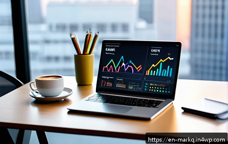SEO 콘텐츠 작성법의 기초 - A modern digital marketing workspace featuring a sleek laptop displaying SEO analytics dashboards wi...