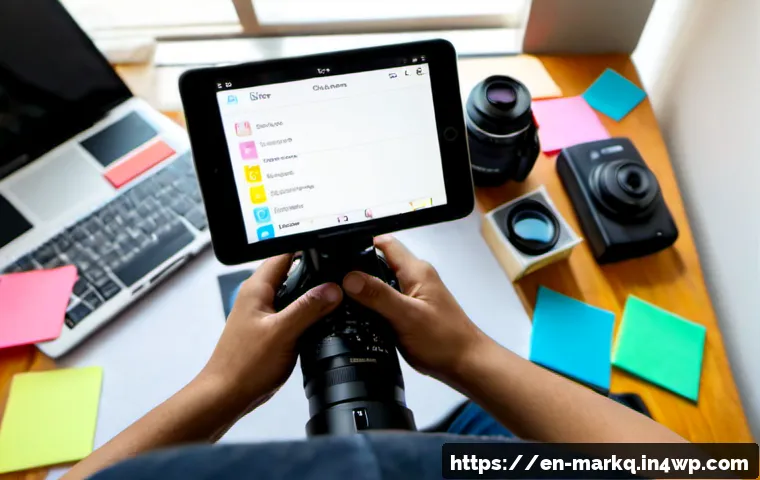 소셜 미디어 콘텐츠 제작 팁 - Photorealistic overhead view of a cheerful young content creator’s organized home studio desk, hands...